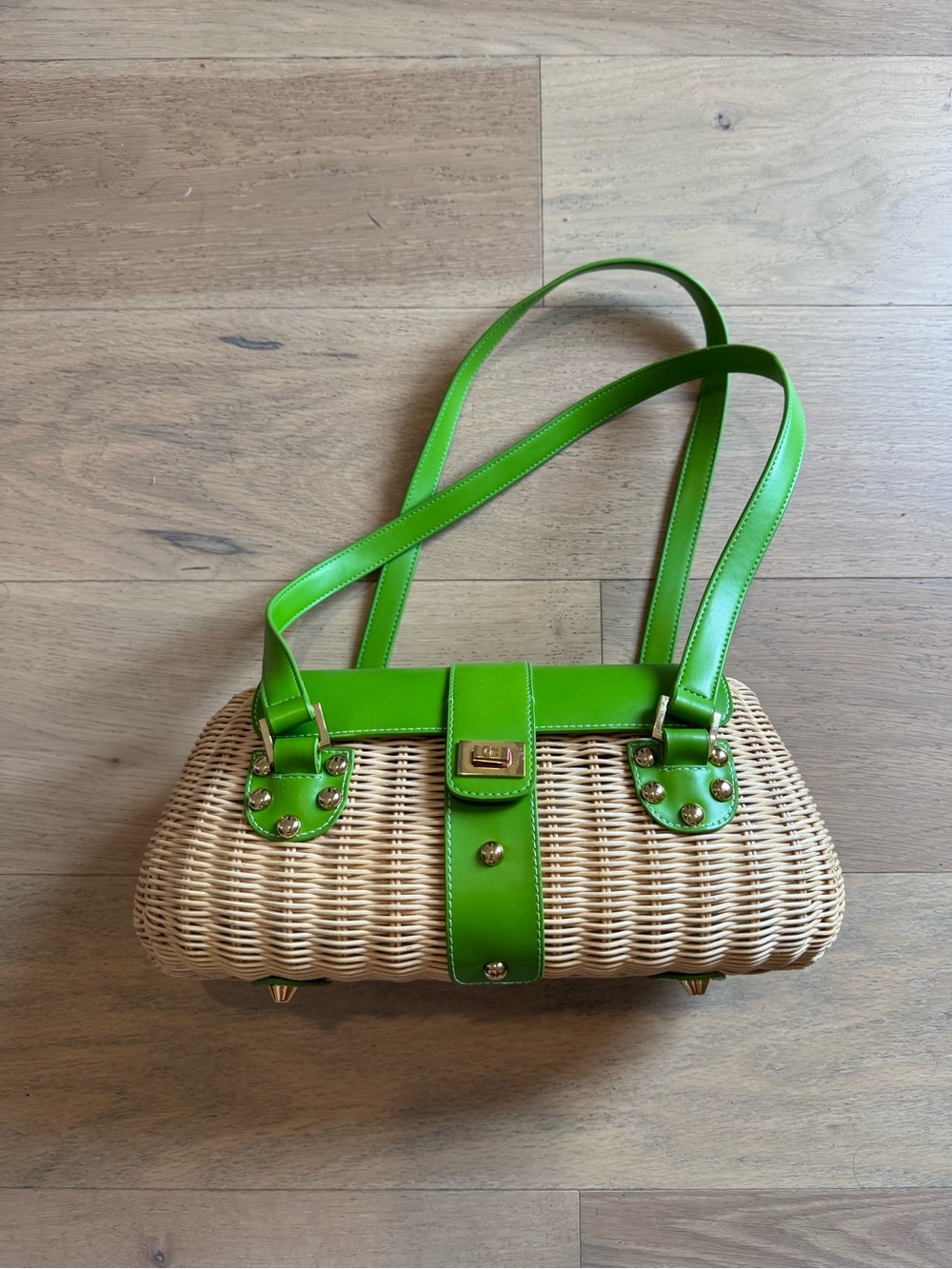 Etienne Aigner lime green rattan barrel purse